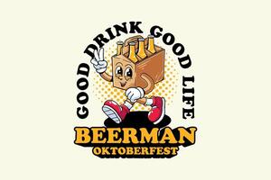 a box of beer bottles retro cartoon funny character illustration with walking pose and showing peace hands for brewery, food and beverage mascots and sticker and apparel design elements vector