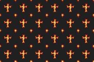 retro cross fire and burst seamless pattern for print on textile, wrapping,banner, card. old school cross flaming and star pattern on black background. groovy red cross flame seamless pattern vector