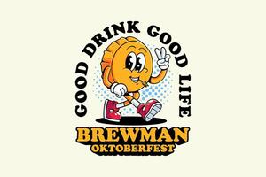 beer bottle cap retro cartoon funny character illustration with bitting wheat and showing peace hands for brewery, food and beverage mascots and sticker and apparel design elements vector
