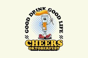 a glass of beer retro cartoon funny character illustration with walking pose and holding the flag for brewery, food and beverage mascots and sticker and apparel design elements vector