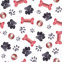 Seamless pattern. Traces of dogs and cats, animal toys, dog bones, balls, all objects are handed manually by watercolor on a white background. Suitable for printing on fabric, paper, packaging png