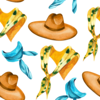 Seamless watercolor pattern on the topic of fashion. Slaps and shawls, a hat with wide fields, all objects are painted by hand with a watercolor. Suitable for printing on fabric, paper, for design png