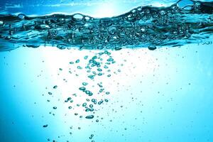 Fresh Water With Underwater Bubbles Texture on a Blue Background Close-up Abstract Liquid Bubbles Aqua Design Wallpaper photo