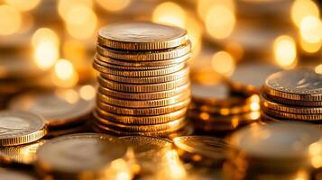 Close-up of stacks of coins, gold and silver currency. photo