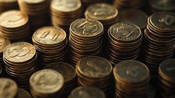 Close-up of stacks of coins, gold and silver currency. photo