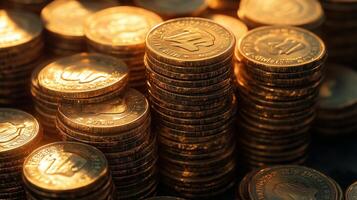 Close-up of stacks of coins, gold and silver currency. photo