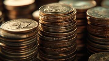 Close-up of stacks of coins, gold and silver currency. photo