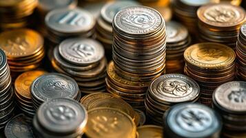 Close-up of stacks of coins, gold and silver currency. photo