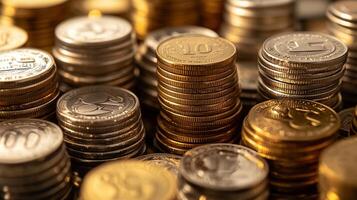 Close-up of stacks of coins, gold and silver currency. photo