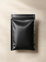 A new black paper packaging bag mockup, on a light wooden table. photo