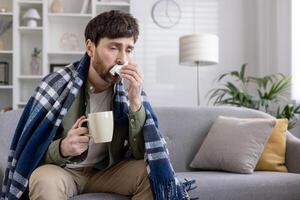 Man feeling unwell resting on couch covered with blanket holding mug blowing nose with tissue. Concept of illness, cold symptoms and recovery photo