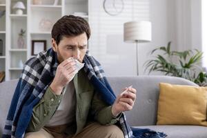 Man suffering from flu sitting on sofa wrapped in blanket holding tissue and thermometer. Expression of discomfort, feeling unwell, checking temperature, and cold symptoms. health and illness concept. photo
