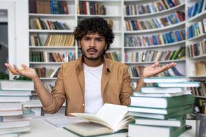 Dissatisfied and frustrated student trying to concentrate and prepare for exam by himself, man sitting in library tired hard to study and learn material alone. photo