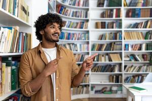 A person stands in a library, surrounded by shelves lined with books. Their posture and finger pointing gesture suggest they are confident, possibly in the middle of giving an explanation or instruction. photo