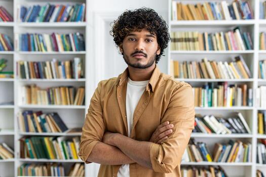 A poised person stands with arms folded , demonstrating confidence and readiness in an educational environment. A diverse array of books in a bookshelf a place of learning or a library setting. photo