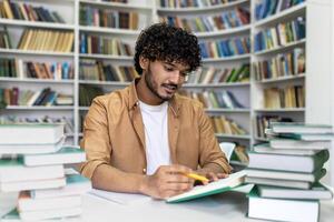 A dedicated student immersed in study amidst a pile of books in a library setting, indicative of academic rigor and preparation for university exams or admissions. photo