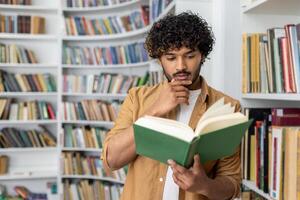 A young student stands engrossed in a large book amidst a library's diverse collection, symbolizing study and concentration. photo