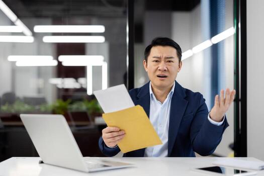 Confused asian man sitting at personal workspace and looking at camera while holding paper envelope with letter. Surprised manager spreading hands while receiving mail for unknown addressee. photo