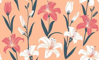 Daylily flowers color seamless patterns hand drawn style for fabric, textiles, clothing, wrapping paper, packaging tape, abstract backgrounds. vector