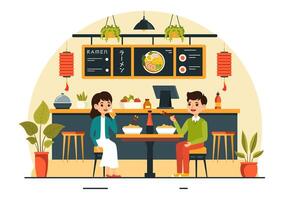 Ramen Illustration of Japanese Food featuring Noodles, Chopsticks, Miso Soup, Boiled Egg, and Grilled Nori in a Flat Background vector
