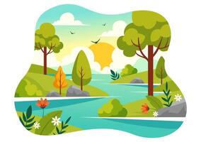 Illustration of a River Landscape with Mountain Views, Green Fields, Trees, and Forests Surrounding the Rivers in a Flat Cartoon Background vector
