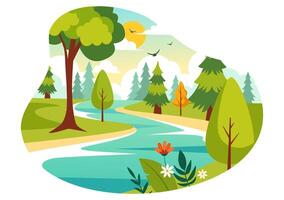 Illustration of a River Landscape with Mountain Views, Green Fields, Trees, and Forests Surrounding the Rivers in a Flat Cartoon Background vector