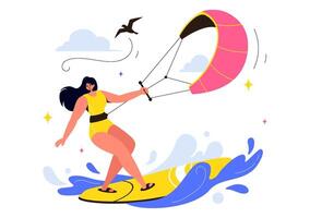Kitesurfing Illustration of Kite Surfer on a Kiteboard in Summer Sea vector