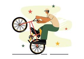 Flat style illustration of a man performing extreme BMX stunts, including jumping and standing on a cartoon background vector