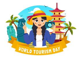 World Tourism Day with Globe with Iconic Landmarks and Monuments Illustration vector
