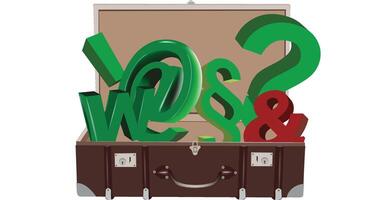 Vintage suitcase overflowing with web and internet symbols including at sign, question mark, and ampersand vector
