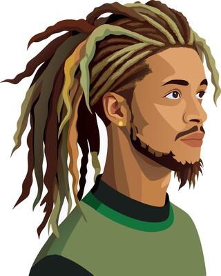 Young black man with dreadlocks is looking aside on white background