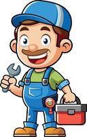 Smiling cartoon plumber holding wrench and carrying toolbox vector