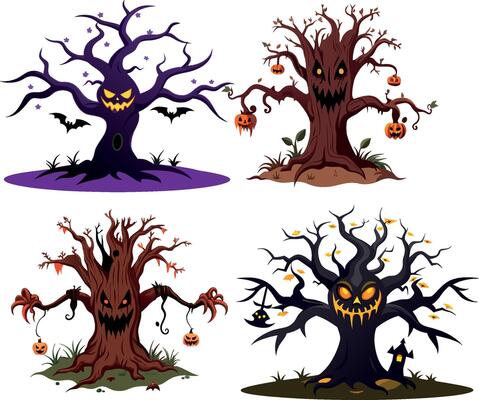 Four scary halloween trees with pumpkins and bats smiling menacingly