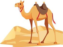 Camel standing on sand in desert with saddle on its back vector