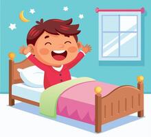 Happy boy waking up and stretching in bed- vector