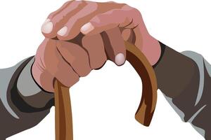 hands of elderly person with support stick- vector