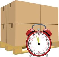 Alarm clock showing almost twelve o'clock near stacked cardboard boxes on wooden pallet vector
