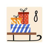 Cute illustration for advent calendar with number 8 for December. Doodle sled with colorful boxes of presents on it. Countdown for days before Christmas. Winter holiday celebration. vector