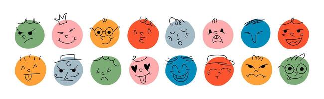 Set of round funny characters with various face emotions. Colourful modern illustration with shapes happy sad angry smile faces for children. vector