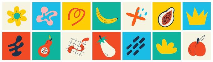 Organic food banner in flat style. Fruits and cereals geometry minimalistic with simple shape and figure. Great for flyer, web poster, natural products presentation templates, cover design. vector