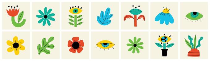 Set of psychedelic hippie flowers with eyes in squares. Retro groove flowers with eyes. hand drawn floral elements, texture shapes. vector