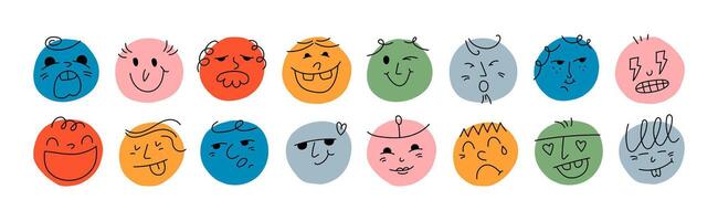 Round Abstract Comic Faces with Different Emotions. Various colorful characters. Cartoon style. Flat design. Set of emoticons. vector