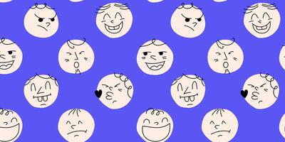 Fun Emoji Icons Seamless Pattern, Emoticon Doodle Faces Repeat Background Texture. Funky Joyful Illustration. Funny Characters Website. Different colorful characters. vector