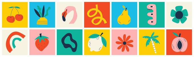 Organic food banner in flat style. Fruits and cereals geometry minimalistic with simple shape and figure. Great for flyer, web poster, natural products presentation templates, cover design. vector