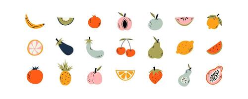 Fruit collection in flat hand drawn style, illustrations set. Tropical fruit and graphic design elements. Ingredients color cliparts. Sketch style smoothie or juice ingredients. vector