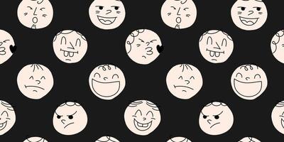 Round abstract comic Faces with various emotions. Kids drawing style. Different colorful characters. Cartoon style. Flat design. Hand drawn trendy illustration. Square seamless pattern vector