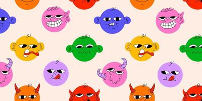 Round abstract comic faces with different emotions. Seamless background with various colorful characters. cartoon style. flat design. Set of emoticons for print, paper, fabric. vector