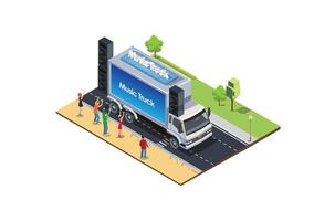 isometric concept of a truck with music and displays running on the side of the road vector