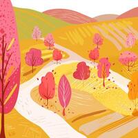 Fields with ripe wheat. Harvesting. Autumn trees. Hand drawn illustration. T vector
