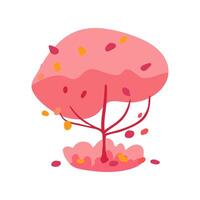 Hand drawn pink tree with coral and red leaves and grass. Simple design. Flat illustration. Icon vector